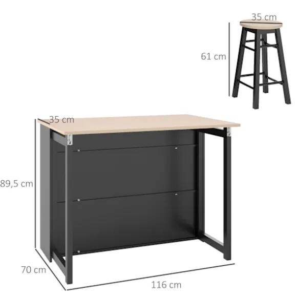 Rootz 3 -stykke Barset - Bar Table Set - Foldbart spisestue - 6 Opbevaringsrum - 116x70x89.5cm