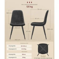 Rootz 4 stykker spisestol sæt - køkkenstole - sort sæde - max belastning 120 kg - 55 cm x 43,5 cm x 85,5 cm