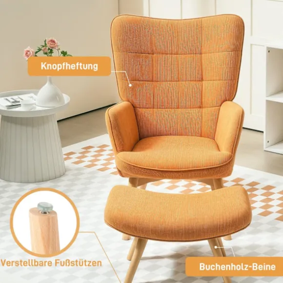 Rootz Accentstol med afføring - Afslapningsstol - Lounge lænestol - Ergonomisk komfort - 72 cm x 80 cm x 101 cm - Corduroy Look - Brun