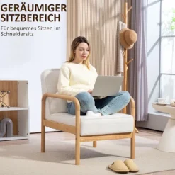 Rootz Akzentstuhl - Polstret stol - Moderne Lounge-sæder - Hvidt og brunt Bouclé-stof - Stabilt stel af gummitræ - 67 cm x 80 cm x 83 cm