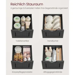 Rootz badeværelse side skab - opbevaring bryst - 4 skuffe enhed - sort MDF - 30 x 30 x 82 cm