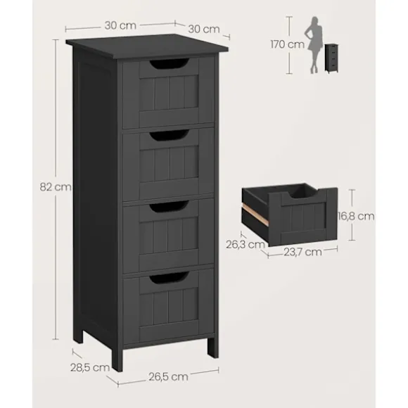 Rootz badeværelse side skab - opbevaring bryst - 4 skuffe enhed - sort MDF - 30 x 30 x 82 cm