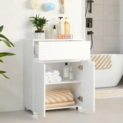 Rootz Badeværelsesskab - Hvid opbevaringsenhed - MDF-døre - Spånpladekrop - Justerbar hylde - Tippesikring - 60 cm x 30 cm x 80 cm