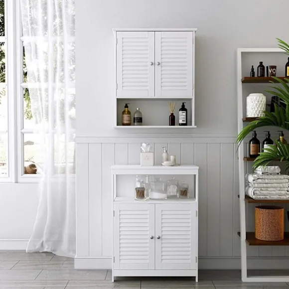 Rootz badeværelsesskab - Opbevaringsskab - Hygiejneorganisering - Hvid MDF - 60 cm x 20 cm x 70 cm - Åbent rum - Justerbar hylde - Forkromede knopper | Fyndiq