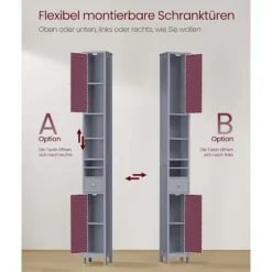 Rootz Badeværelsets kabinet - Slim Storage Unit - MDF Arrangør - Grå finish - Max Load 45 kg - 19,5 cm x 21,4 cm x 180 cm