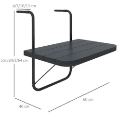 Rootz Balcony Hængebord - Havebord - Sammenklappelig - Højdejusterbar - Aluminiumsstel - Plastbordplade - Træeffekt - Sort - 60cm x 40cm x 64cm