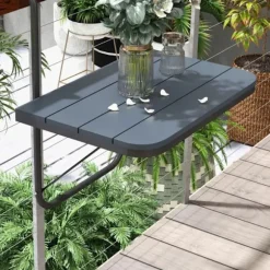 Rootz Balcony Hængebord - Havebord - Sammenklappelig - Højdejusterbar - Aluminiumsstel - Plastbordplade - Træeffekt - Sort - 60cm x 40cm x 64cm