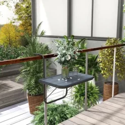 Rootz Balcony Hængebord - Havebord - Sammenklappelig - Højdejusterbar - Aluminiumsstel - Plastbordplade - Træeffekt - Sort - 60cm x 40cm x 64cm