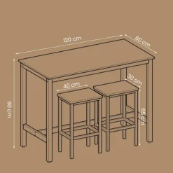 Rootz Bar Table Set - Pub Table - Bistro Set - Rumbesparende - Holdbart træspanel og jern - Tabel: 120x60x90cm, stol: 40x30x65cm