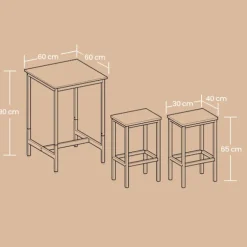 Rootz Bar Table Set - Spisebord - Højt øverste bord - Rumbesparende design - 60 cm x 60 cm x 90 cm, afføring 30 cm x 40 cm x 65 cm