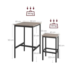 Rootz barbordssæt - Greige broget blæk, sort - spånpladestål - bistrostole - Høj belastningskapacitet - 60 cm x 60 cm x 90 cm