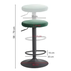 Rootz barstol fløjlsgrøn skammel uden ryglæn 58 - 79 cm - Køkkentaburet stof - metal 100kg - Design barstol bordstol roterende bistrostol