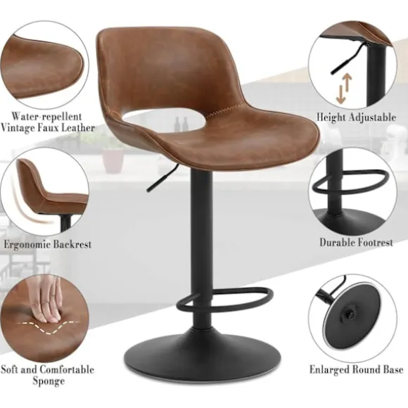 Rootz Barstolesæt i imiteret læder - Bordskamler - Vintage imiteret læder - Vandtæt - 48 cm x (85-105,5 cm) x 49 cm