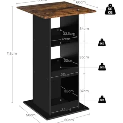 Rootz Bart Table - Bar Table - Spisebord - Rumbesparende design - 112 cm højde - brun, sort - 60 cm x 60 cm - 3 opbevaringshylder