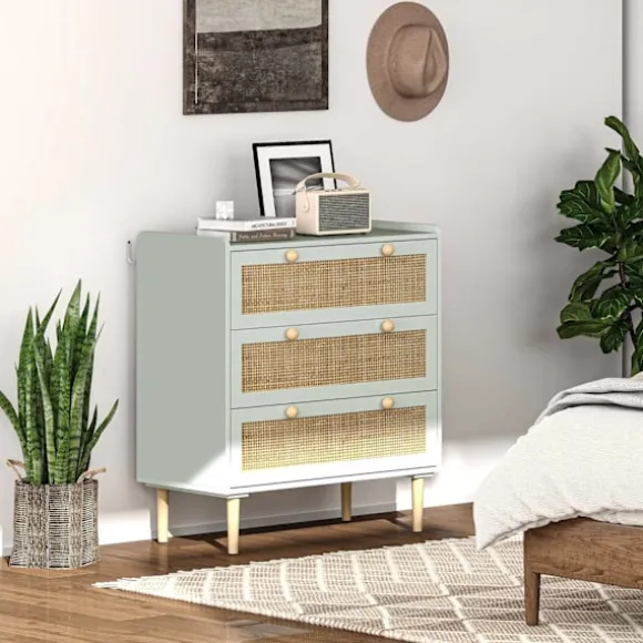 Rootz Bedroom Chest of skuffer - Beklædningsopbevaring - Rattan Fronts - Anti -Tipping Design - 80L x 40W x 87,5 timer cm - Grøn og brun MDF