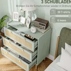Rootz Bedroom Chest of skuffer - Beklædningsopbevaring - Rattan Fronts - Anti -Tipping Design - 80L x 40W x 87,5 timer cm - Grøn og brun MDF