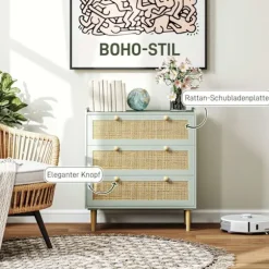 Rootz Bedroom Chest of skuffer - Beklædningsopbevaring - Rattan Fronts - Anti -Tipping Design - 80L x 40W x 87,5 timer cm - Grøn og brun MDF