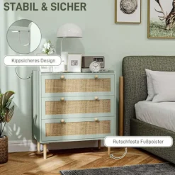 Rootz Bedroom Chest of skuffer - Beklædningsopbevaring - Rattan Fronts - Anti -Tipping Design - 80L x 40W x 87,5 timer cm - Grøn og brun MDF