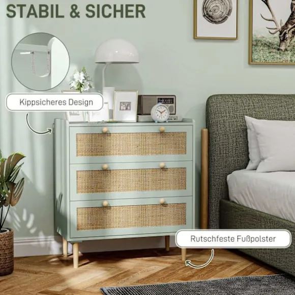 Rootz Bedroom Chest of skuffer - Beklædningsopbevaring - Rattan Fronts - Anti -Tipping Design - 80L x 40W x 87,5 timer cm - Grøn og brun MDF