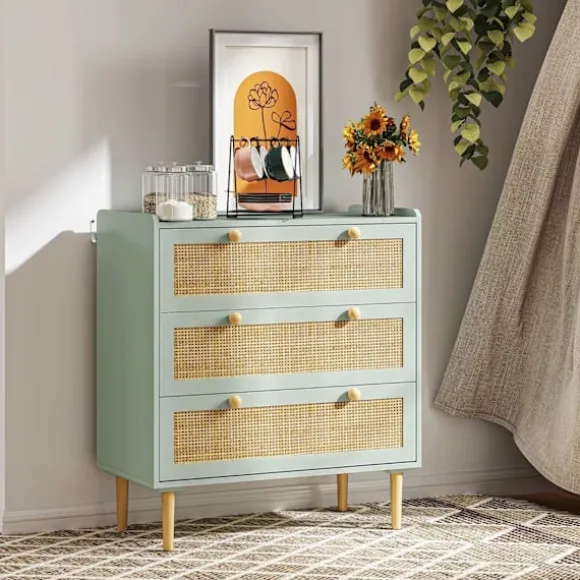 Rootz Bedroom Chest of skuffer - Beklædningsopbevaring - Rattan Fronts - Anti -Tipping Design - 80L x 40W x 87,5 timer cm - Grøn og brun MDF
