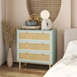 Rootz Bedroom Chest of skuffer - Beklædningsopbevaring - Rattan Fronts - Anti -Tipping Design - 80L x 40W x 87,5 timer cm - Grøn og brun MDF