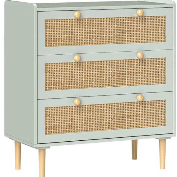 Rootz Bedroom Chest of skuffer - Beklædningsopbevaring - Rattan Fronts - Anti -Tipping Design - 80L x 40W x 87,5 timer cm - Grøn og brun MDF