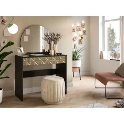 Rootz Black and Brown Dressing Table - Vanity Table - Makeup Desk - Ample Storage - 90x133x39cm