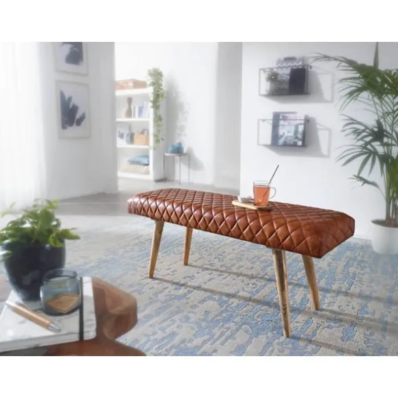 Rootz bænk ægte læder - massiv træ bænk 115x53x38 cm - 2 personers polstret bænk hall spisestue brun - Lille læder sengebænk Hall møbel hall bænk