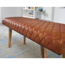 Rootz bænk ægte læder - massiv træ bænk 115x53x38 cm - 2 personers polstret bænk hall spisestue brun - Lille læder sengebænk Hall møbel hall bænk