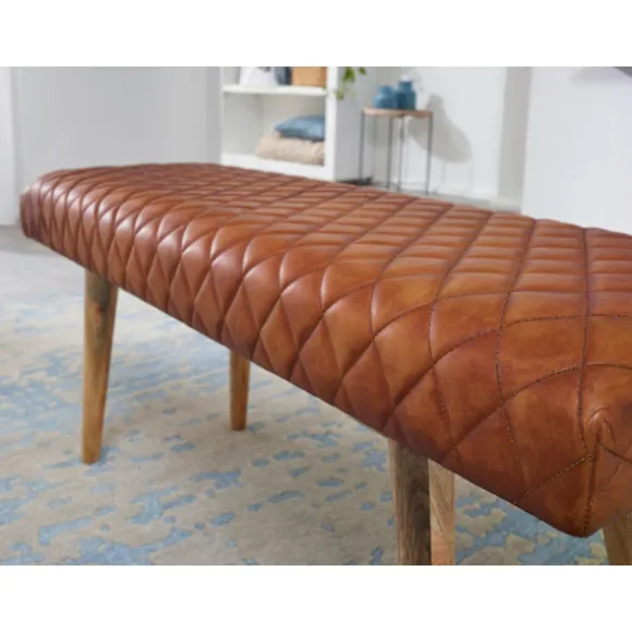 Rootz bænk ægte læder - massiv træ bænk 115x53x38 cm - 2 personers polstret bænk hall spisestue brun - Lille læder sengebænk Hall møbel hall bænk