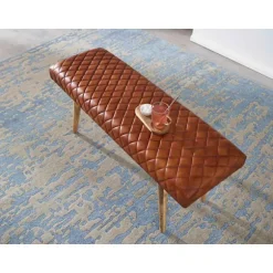 Rootz bænk ægte læder - massiv træ bænk 115x53x38 cm - 2 personers polstret bænk hall spisestue brun - Lille læder sengebænk Hall møbel hall bænk