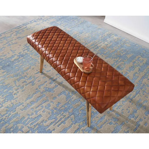 Rootz bænk ægte læder - massiv træ bænk 115x53x38 cm - 2 personers polstret bænk hall spisestue brun - Lille læder sengebænk Hall møbel hall bænk