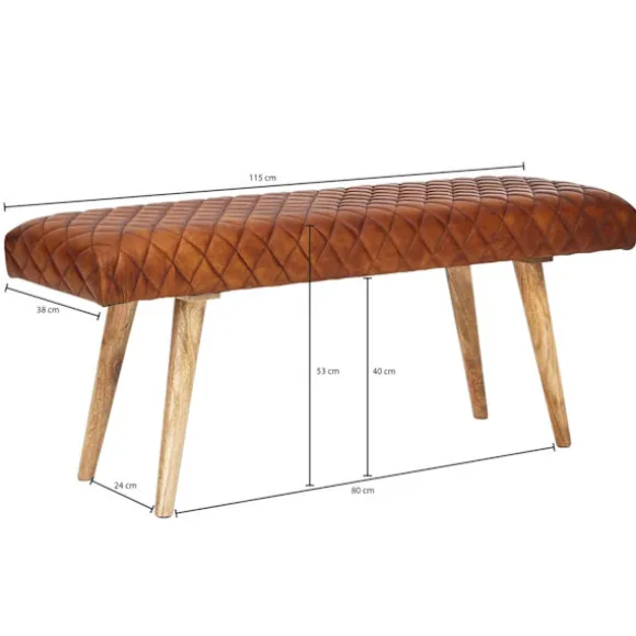 Rootz bænk ægte læder - massiv træ bænk 115x53x38 cm - 2 personers polstret bænk hall spisestue brun - Lille læder sengebænk Hall møbel hall bænk
