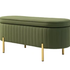 Rootz bænk med opbevaring - Polstret sæde - Fløjlsbænk - Komfortabel og elegant - 108 cm x 44 cm x 43,5 cm - Grøn og guld