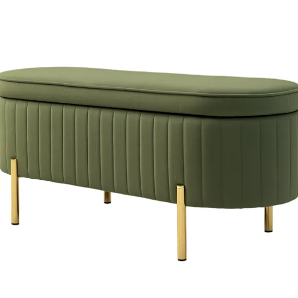 Rootz bænk med opbevaring - Polstret sæde - Fløjlsbænk - Komfortabel og elegant - 108 cm x 44 cm x 43,5 cm - Grøn og guld