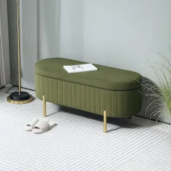 Rootz bænk med opbevaring - Polstret sæde - Fløjlsbænk - Komfortabel og elegant - 108 cm x 44 cm x 43,5 cm - Grøn og guld