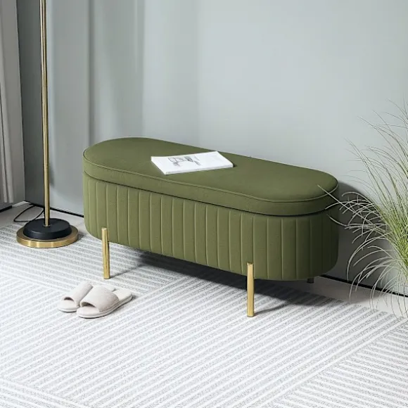 Rootz bænk med opbevaring - Polstret sæde - Fløjlsbænk - Komfortabel og elegant - 108 cm x 44 cm x 43,5 cm - Grøn og guld