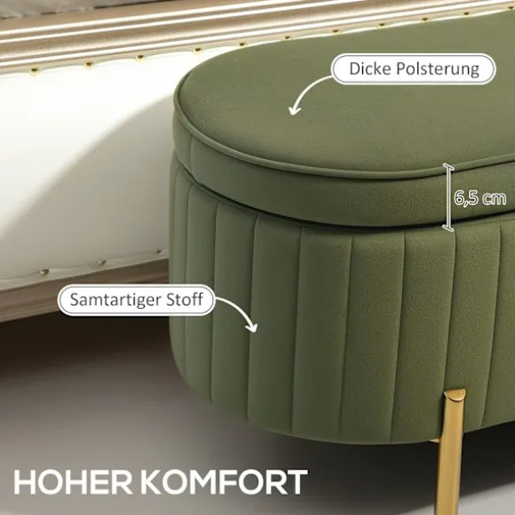 Rootz bænk med opbevaring - Polstret sæde - Fløjlsbænk - Komfortabel og elegant - 108 cm x 44 cm x 43,5 cm - Grøn og guld