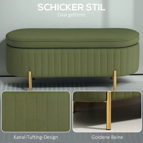 Rootz bænk med opbevaring - Polstret sæde - Fløjlsbænk - Komfortabel og elegant - 108 cm x 44 cm x 43,5 cm - Grøn og guld