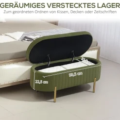 Rootz bænk med opbevaring - Polstret sæde - Fløjlsbænk - Komfortabel og elegant - 108 cm x 44 cm x 43,5 cm - Grøn og guld