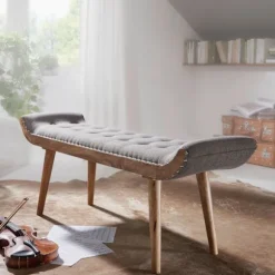 Rootz bænk stof - massivt træ bænk grå 125x51x38 cm Chesterfield design - Hall polstret bænk - Stof bænk sengebænk 2 personer - Hall bænk moderne