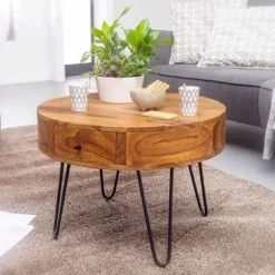 Rootz bord Sheesham massivt træ - metal 60x44,5x60 cm bord stue - Design sidebord med skuffer Lille sofabord rund brunt