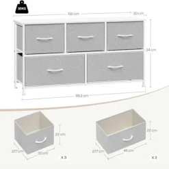 Rootz Choker Cabinet 5 skuffe - Opbevaringsskab - Arrangørkiste - Grå træ - Metalramme - 100 x 54 x 30 cm - Rumbesparelse