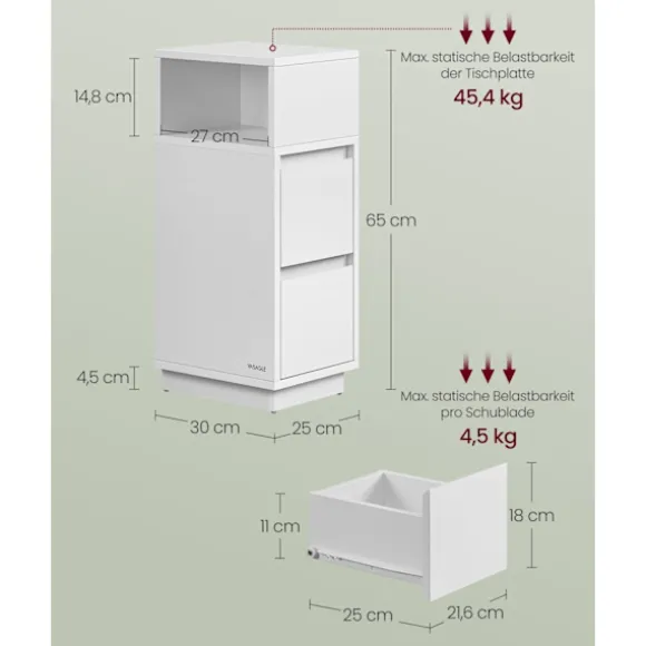 Rootz Cloud White sengeborde - Træspånplader - MDF - Natborde - 30 cm x 25 cm x 65 cm - Max belastning 45,4 kg - 2-delt sæt