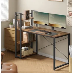 Rootz computerbord med hylder - Skrivebord - Kontorbord - Vintage Brun-Sort - Spånplade, Stål - 56 cm x 137 cm x 120 cm - 23,5 kg