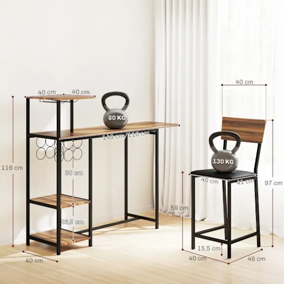 Rootz 3-delt barbordssæt - Pubbord - Højt bord - Vinopbevaring - 110-140 cm x 40 cm x 116 cm