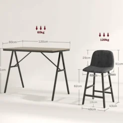 Rootz 5-delt barbordssæt - Spisebordssæt - Pubbord og stole - Industrielt design - Pladsbesparende - Mørkegrå - 120 cm x 60 cm x 91 cm