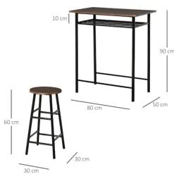 Rootz 3-delt barbordssæt - spisestuesæt - møbler i industriel stil - Pladsbesparende design - 80 cm x 50 cm x 90 cm bord, Ø30 cm x 60 cm skamler