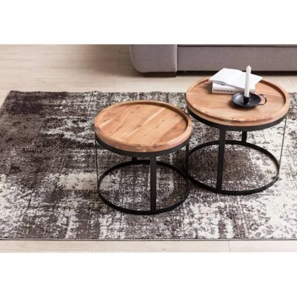 Rootz 2-delt sideborde - Stueborde - Runde bordplader - Metalbund - Moderne design - Håndlavet akacietræ - 53 cm x 45 cm x 53 cm / 48 cm x 40 cm x 48 | Fyndiq