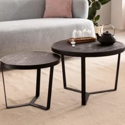 Rootz 2-delt sofaborde - Moderne design - Runde borde - Naturligt trækorn - Elegant stenlook - Håndlavet - Pladsbesparende - Gulvbeskyttere - Akacietr | Fyndiq